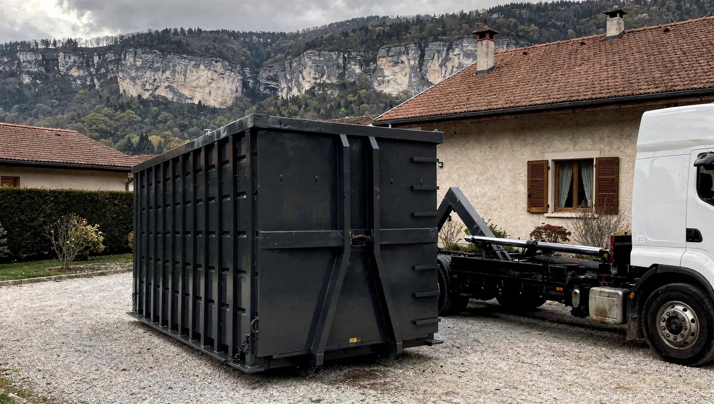 Benne grise posée par le camion de CS Location Benne devant une maison près de Grenoble