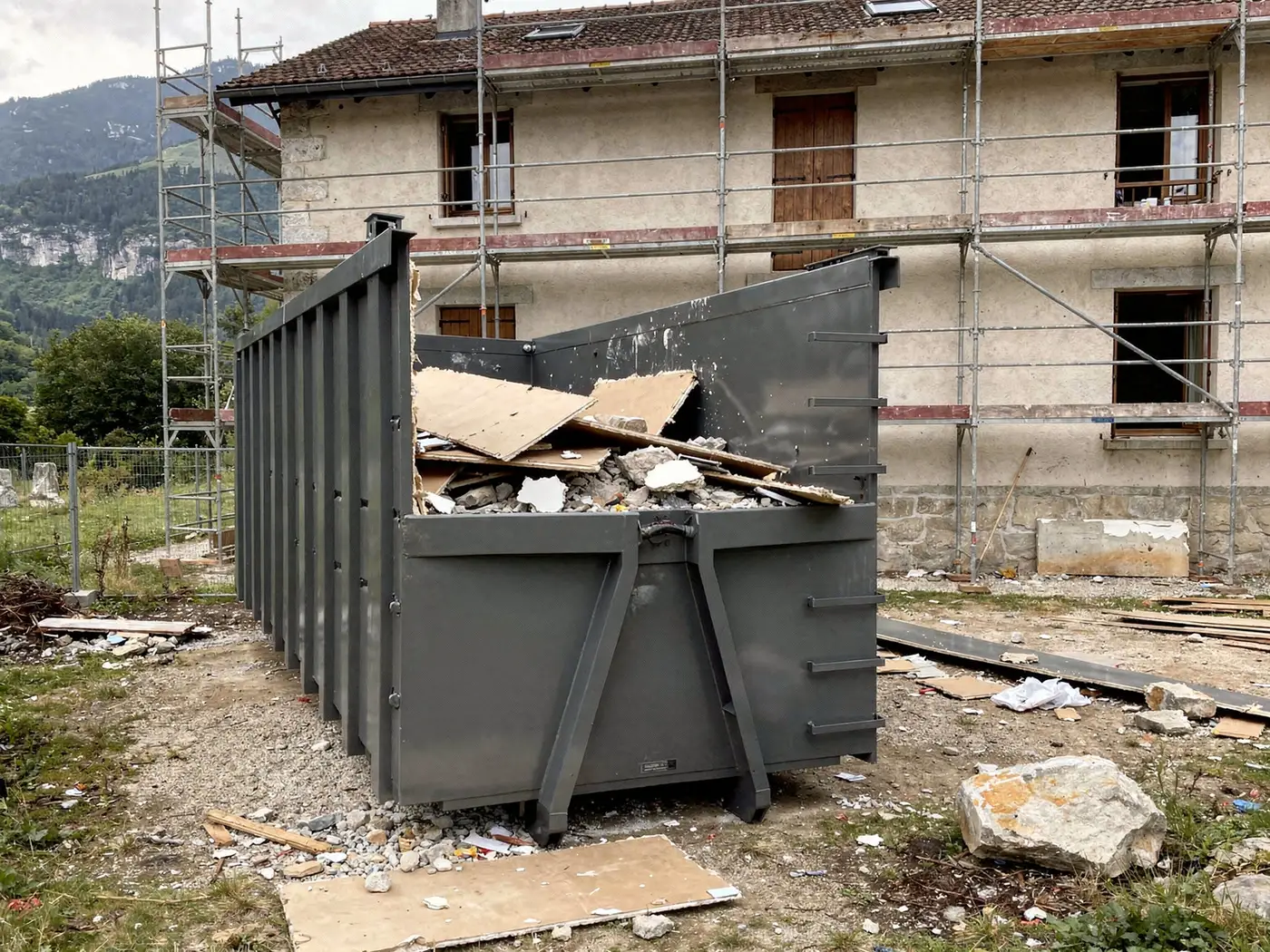 Benne posée devant une maison en rénovation