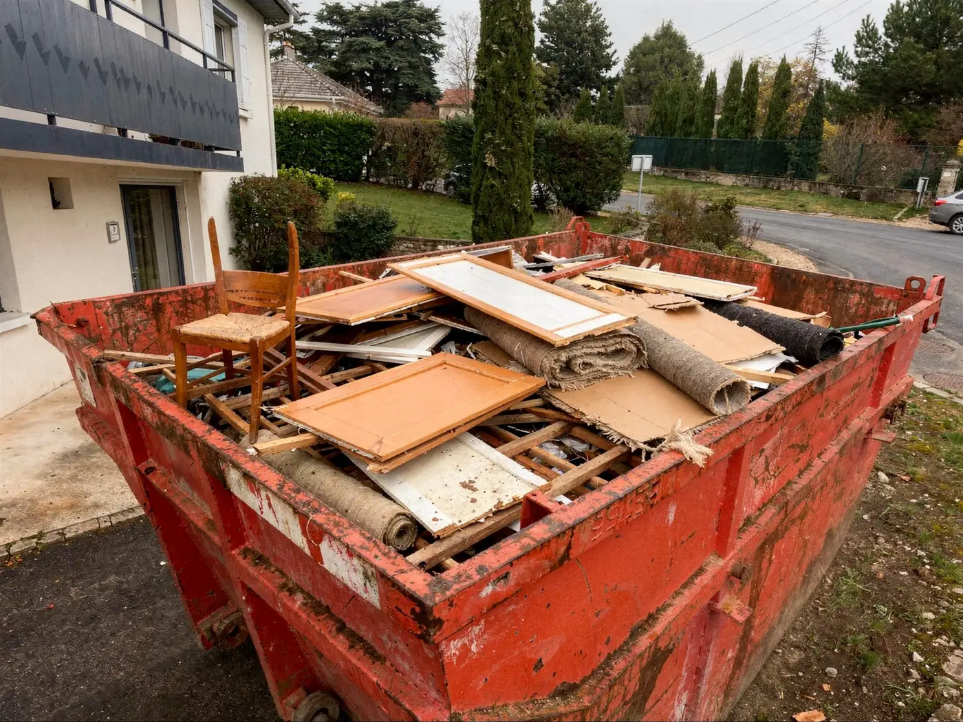 Benne bien remplie de vieux meubles et de cartons devant une maison