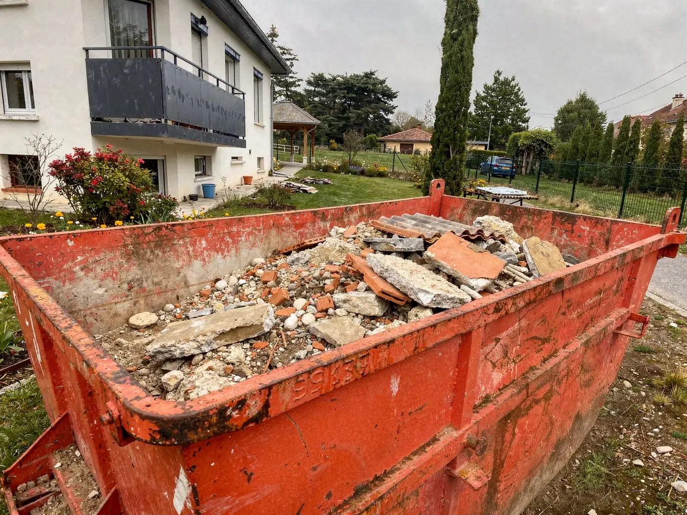 Petite benne remplie de gravats et de pierres