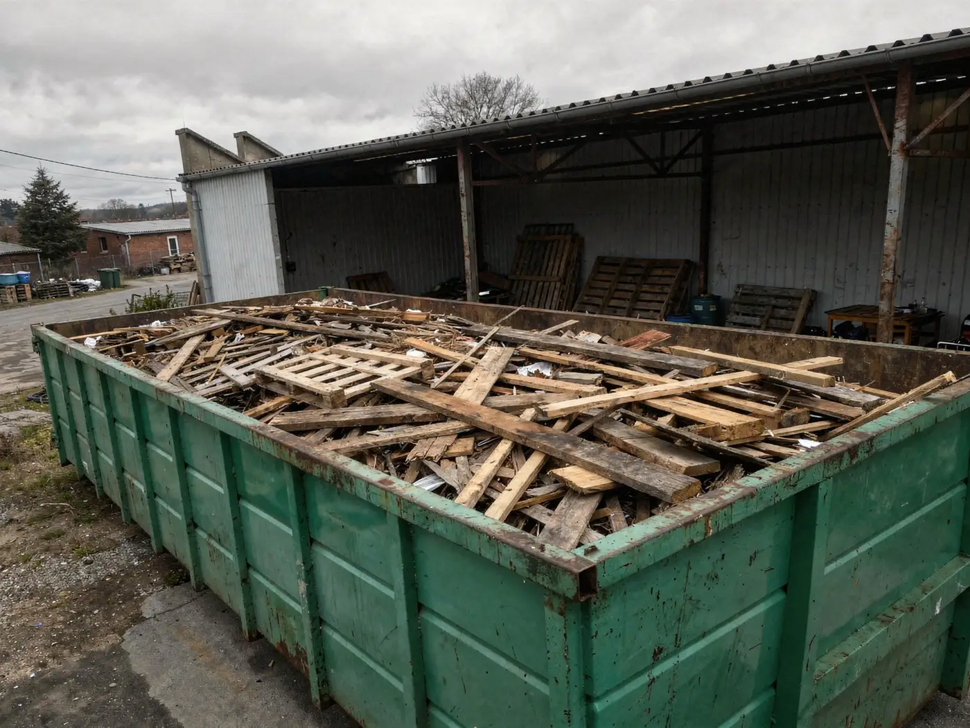 Benne pleine de bois trié avant son départ vers le centre de tri