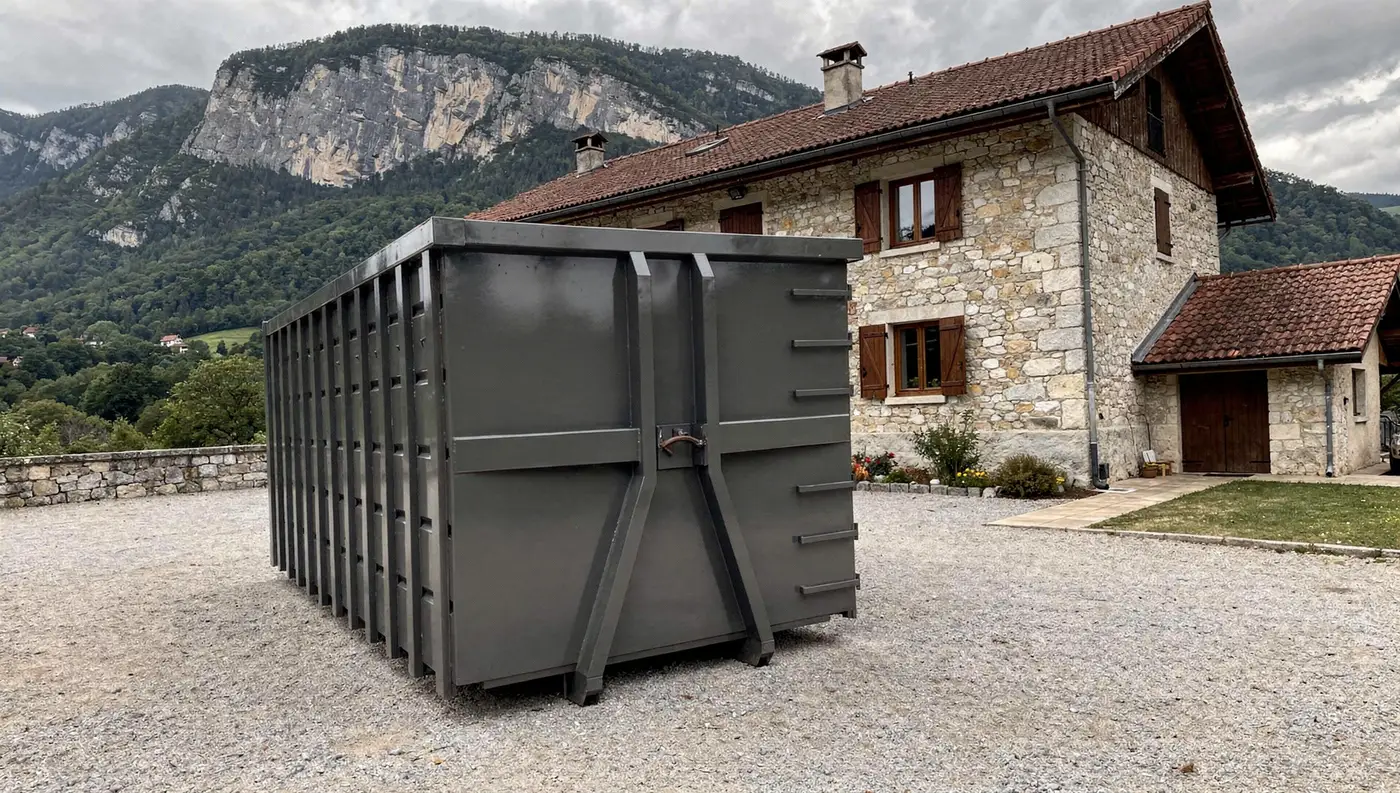 Benne grise posée devant une maison du Pays voironnais